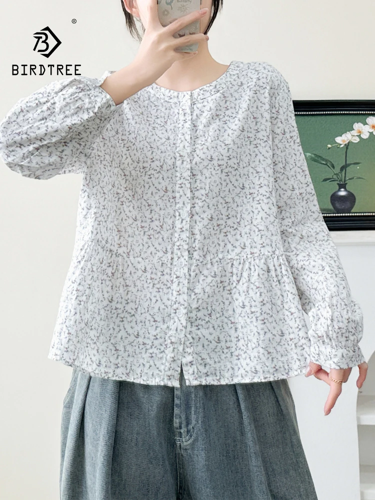

New 2026 Spring Women Cotton Yarn Long Sleeve Shirt, Stand Floral Print, Mori Girl Fashion Age Reduction Loose Blouse T61750CC