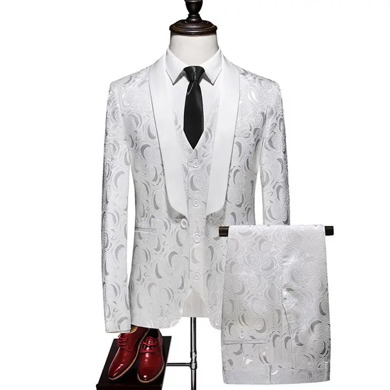 

DV044 White Floral Casual Stage Dress Vintage Men Suit Fashion Plaid Slim Groomsmen Fit Tuxedo 3 Peices Sets Jacket+Vest+Pants