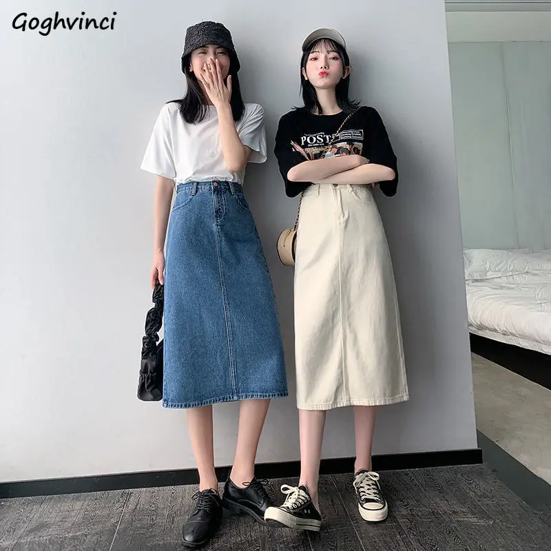 

Skirts Woman All-match Solid Streetwear Button High Waist Summer Denim Simple Korean Style Ladies Slit Basic Casual Fashion New