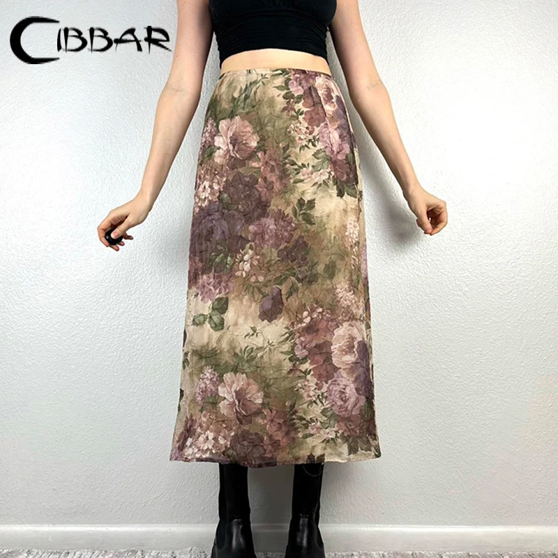 CIBBAR Contrast Floral Print Long Skirt y2k Vintage Low Rise Cute Coquette Midi Skirts for Women Harajuku Ladies Bottoms Casual