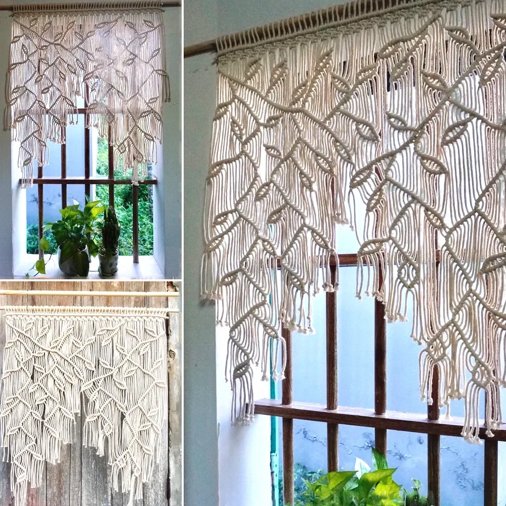 Tapiz bohemio tejido a mano, cortinas con patrón de hojas, borla, sofá, fondo de cabecera, colgante de pared, decoración de habitación, tapiz de cortina