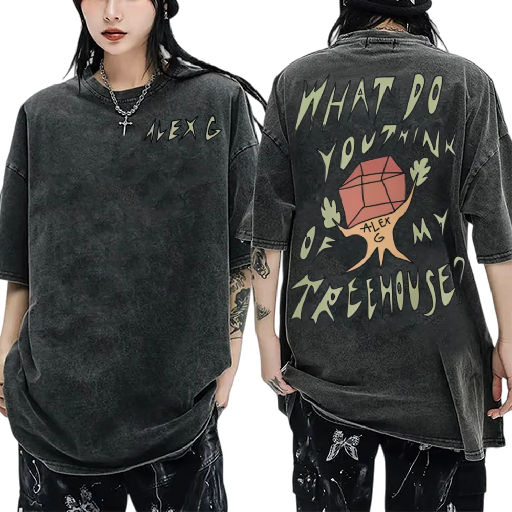 

Singer Alex G Treehouse Graphic Print Acid wash tshirt Men's Women's Cotton Casual Y2K Fashion Vintage Oversized T-Shirt