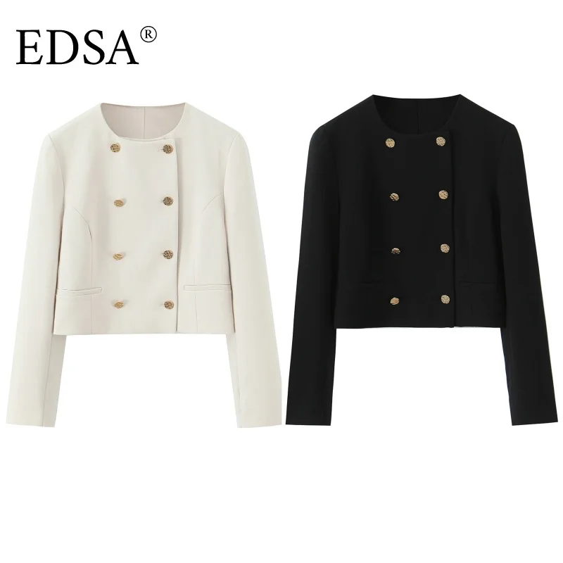 

EDSA женский укороченный двубортный пиджак с круглым вырезом и длинными рукавами для офисной женской верхней одежды, пальто