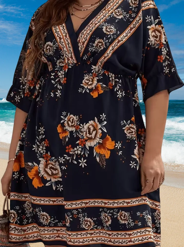 Sukienka damska Plus Size Luźna na dekolt w szpic Styl etniczny Nadrukowany wzór kwiatowy Moda Casualowa sukienka z krótkim rękawem Wiosna Lato