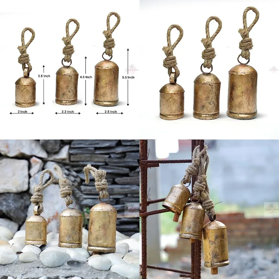 

Shabby Chic 3 Bells Made of Tin Vintage Rustic Cow Bells for Crafts Christmas Tree Jingle Hanging Bells 3 Different Size