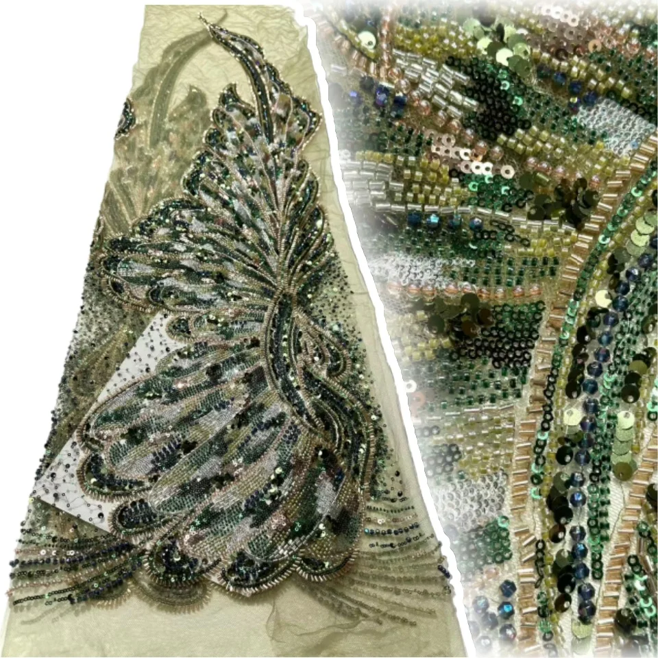 

African Groom Lace Fabric 2025 Heavy Beads Lace French Tulle Sequins Embroidery Lace Fabric for Party Dress Women AH1585