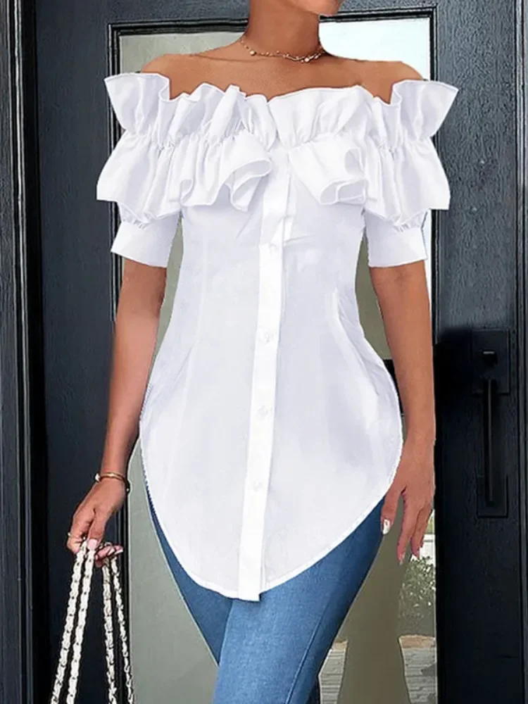 Freeacy Off-the-shoulder Short Sleeve Shirt & Blouse for Urban Female 2024 Summer Solid White Slim Fit Cotton-blended Tops