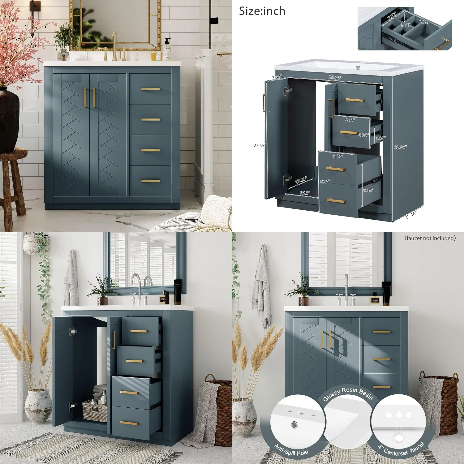 

30in Traditional Bathroom Vanity Cabinet Ceramic Sink 3 Drawers 2 Chevron Doors Solid Wood Frame, Customized
