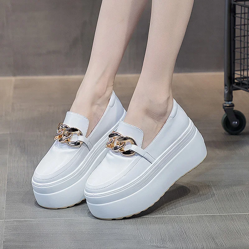 8CM Genuine Leather Fashion Walking Height Increasing Loafers Ladies Casual Platform Wedge Hot Sale Women Slip on Shoes