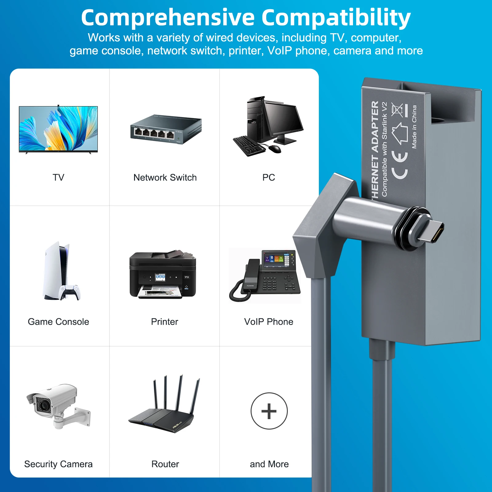 Starlink Ethernet Adapter for Dish Antenna Satellite Internet V2 Powerline Kit for Wired External Network GEN2 Ethernet Adapter