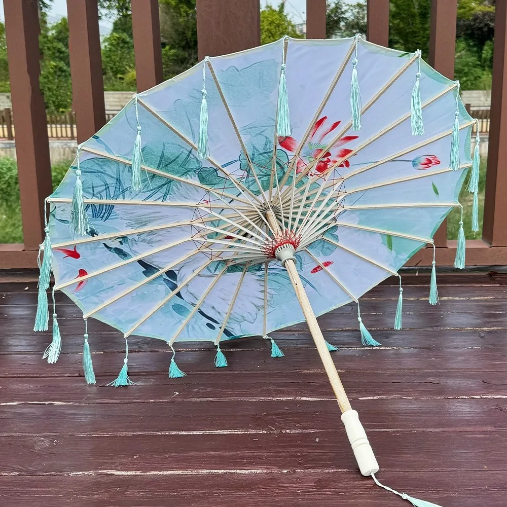 

70cm Silk Fabric Tassel Umbrella Chinese Style Rainproof Ancient Dance Umbrella Handheld Windproof Classical Oil Paper Umbrella