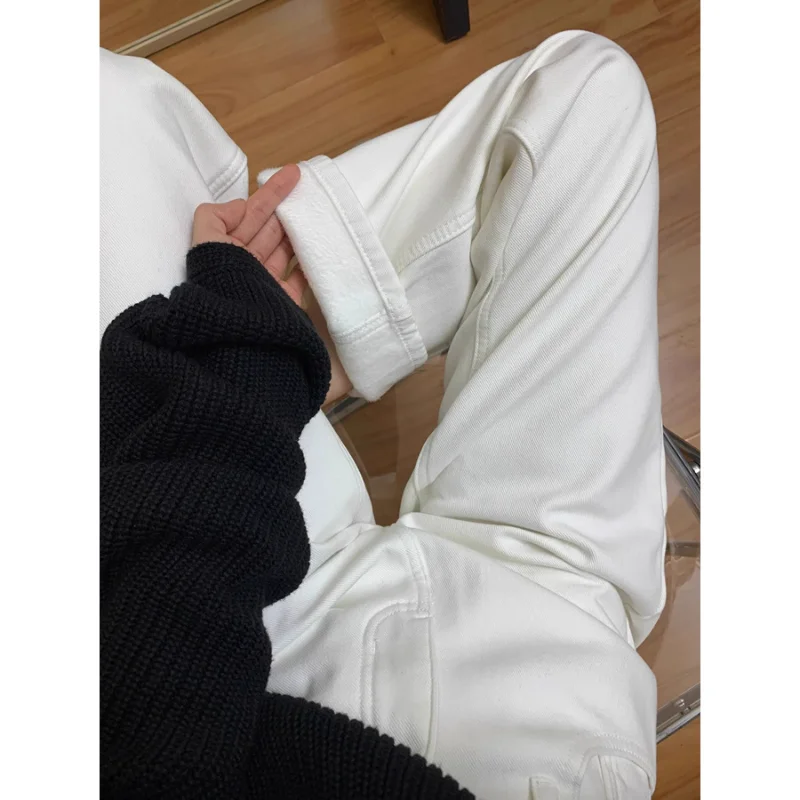 レディース コーヒーカラー フリース裏地付きジーンズ 秋冬 レトロ ハイウエスト ストレートレッグ 着痩せ効果 多用途 フロア丈パンツ