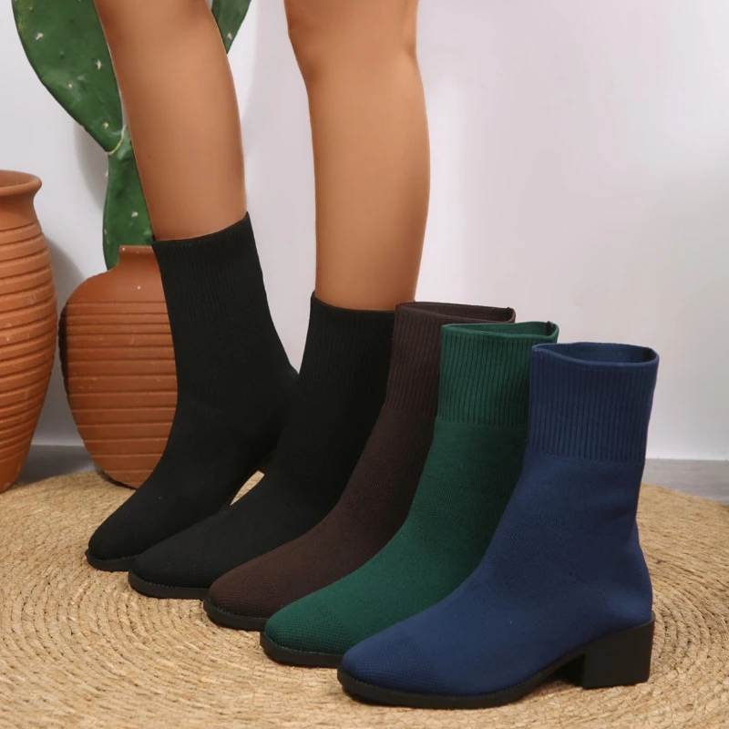 Large size slim women's mid heeled short boots spring autumn knitted women's single boots pointed toe thick heels women's shoes