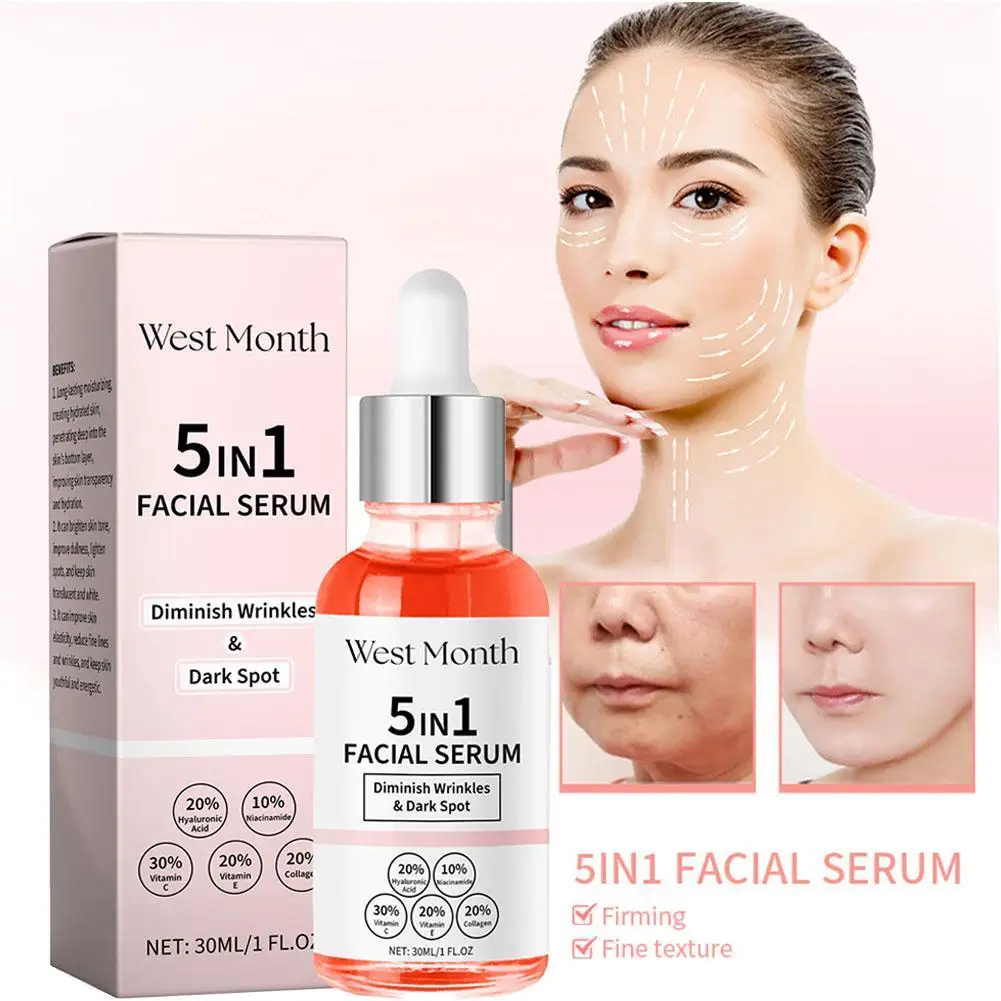 30ml 5 In 1 Face Serum Moisturizing Hyaluronic Acid Vitamin C Facial Serum Smoothing Brightening Skin Care