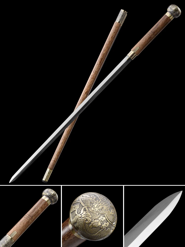 Medieval Staff Sword Carbon Steel Blade Sharp Real Rosewood Scabbard Walking Stick Tang Sword Ready Battle Bronze Dragon Katanas