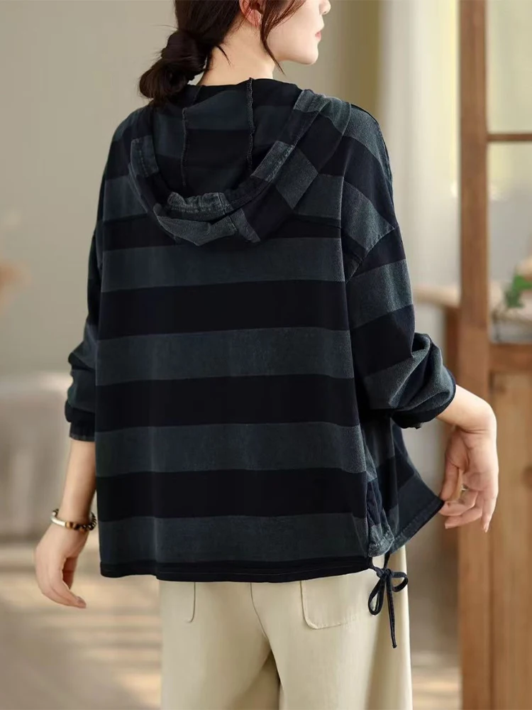 Amax LuluE 2025 Winter Fashion Hooded Striped Tee Shirts Womens Korean Loose Casual Clothes Ladies Classic Elegant Vintage Tops