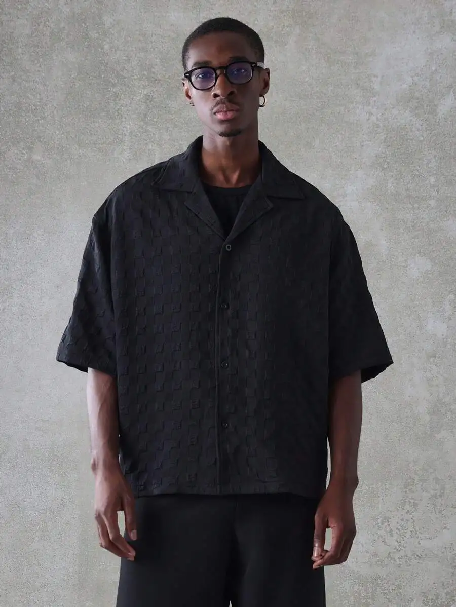 

Black Textured Geometric Pattern Button-Up Short Sleeve Shirt Camp Collar Loose Fit Summer Casual