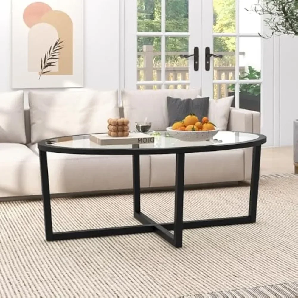 Mesa de centro de vidrio, mesa de té con sofá ovalado de 46,5" con tapa de vidrio templado, base cruzada y patas de madera de acacia, modo simple