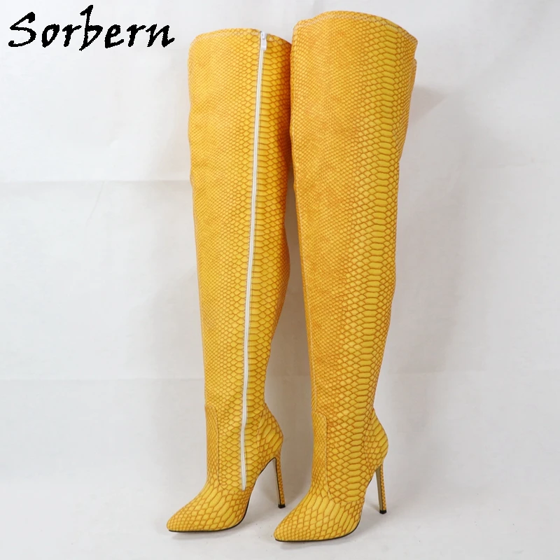 

Sorbern Ginger Yellow Snake Boots Women Customized Wide Leg Fit Pointy Toes High Heel Stilettos Over The Knee Boot