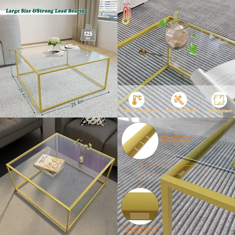 

Modern Minimalist Glass Coffee Table, Living Room Sofa Side Table, Tempered Glass Top with Metal Frame, Easy Assembly, 26.4x26.4