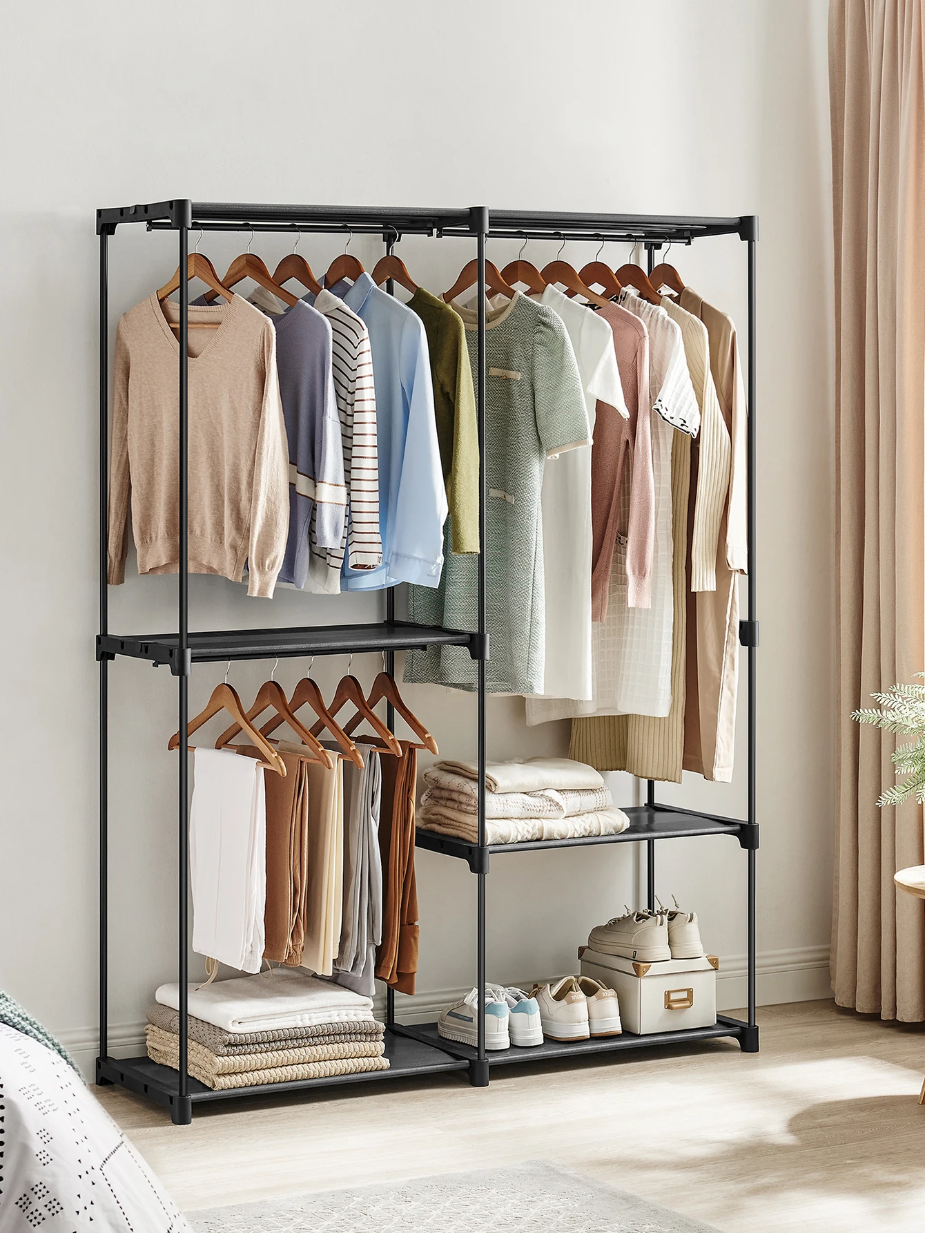 Clothes Rack, Closet Rack For Hanging Clothes, Clothes Wardrobe With 3 Hanging Rods And Shelves, 16.9 X 54.3 X 71.7 Inches, Freestanding Closet Wardrobe Rack