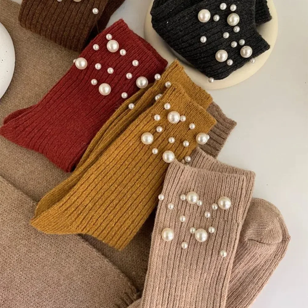 Новые утепленные носки с жемчугом, однотонные зимние носки, вязаные теплые женские носки, осень
