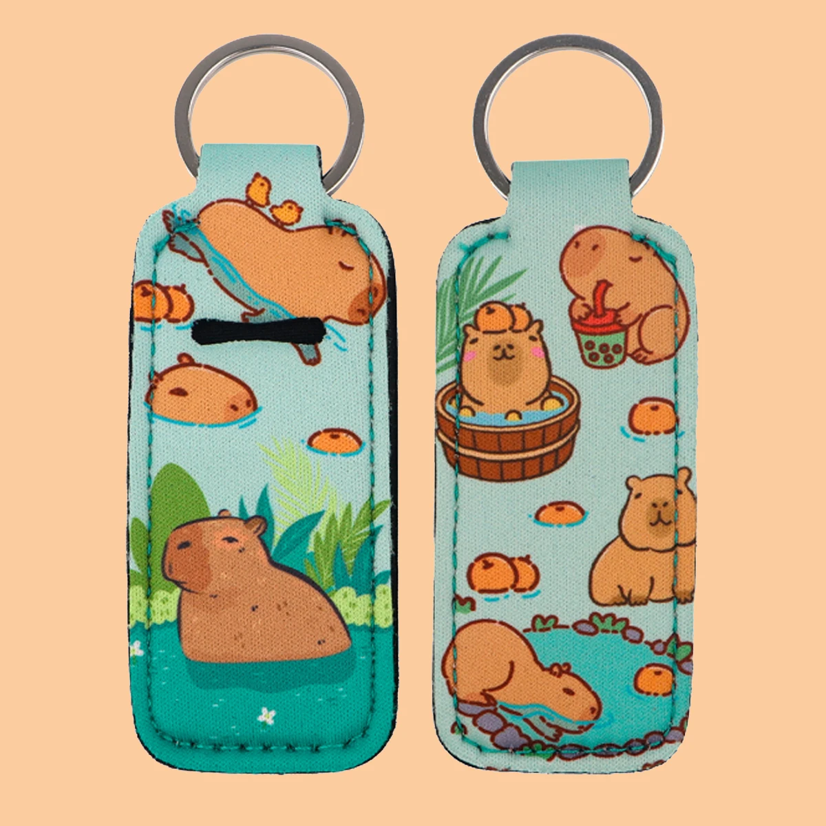 Cute Swimming Capybara Clip On Lipstick Sleeve Holder Keyring Print Cartoon Keyring Trendy Lip Balm Key Chain Accessories