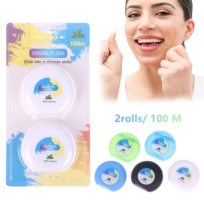 2roll Portable 50m Dental Flosser Oral Care Essential Floss Toothpicks Dentistry Floss With Case Dental Hygiene Teeth Clean Tool