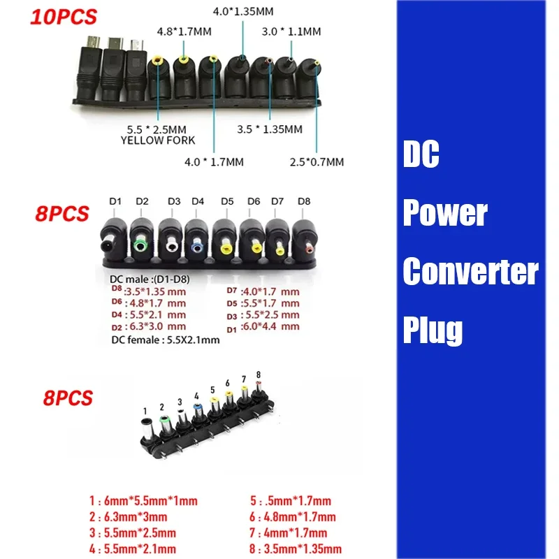 8/10PCS Universal DC Power Adapter 5.5x2.1mm Plug Connector Kit Elbow Plug Converter 5.5MM*1.7MM Micro USB Socket