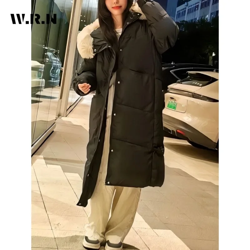 Women's Casual Solid Long Sleeve Pockets Tassels Maxi X-Long Parkas Jacket 2024 Winter Sweet Single Breasted Warm Hooded Coat