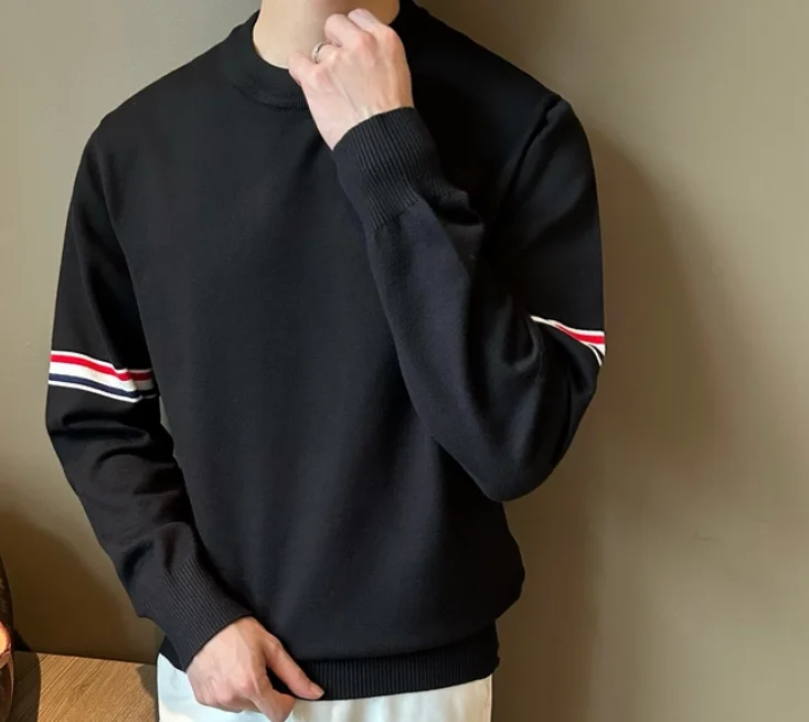 Loose sleeve ribbon cashmere sweater men's casual college style slim contrast round neck sweater