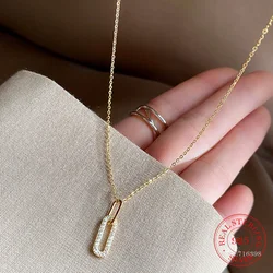 Real 925 Sterling Silver Crystal Geometric Choker Necklace Pendant for Women 14K Gold Plated Necklace Wedding Party Jewelry Gift