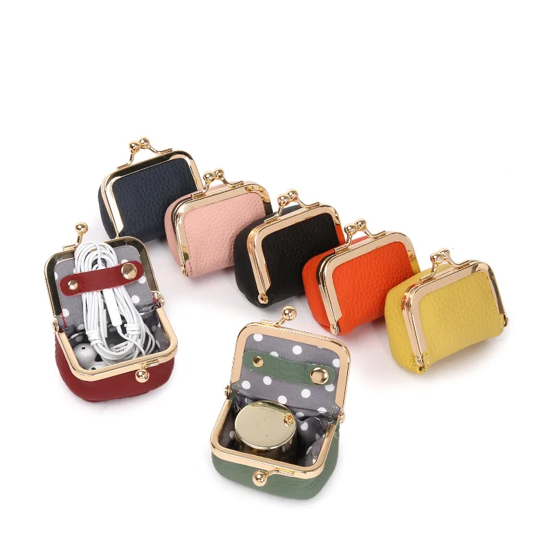 

Casual Solid Color Small Wallets Kiss Lock Mini Storage Bag Genuine Leather Coin Purse