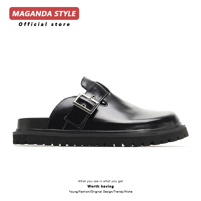 Maganda Half Dragged Derby birken Shoes for Men Black Leather Thick Bottom Anti Slip Lazy Bun Slippers