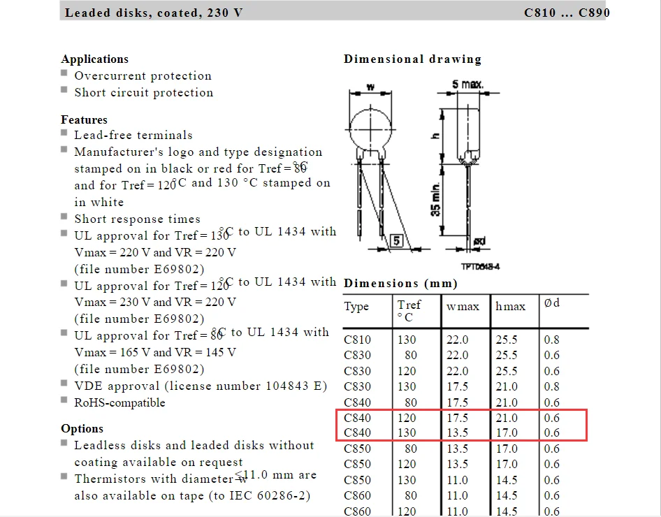 (10 pces) b59840c120a70/b59840c130a70 termistores ptc para proteção de sobrecorrente c840 120 130