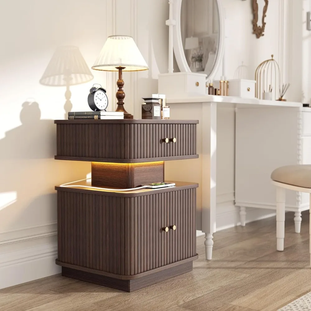 حامل ليلي، منضدة LED، منضدة حديثة مع قاعدة شحن، حامل ليلي مع درجين وباب منزلق، حافة متعرجة، S #3