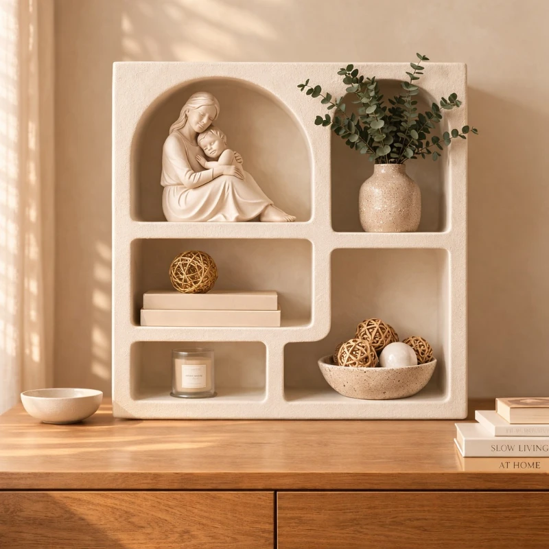 Cream style Wood Display Cabinet Wall Mounted & Desktop 2-in-1 Shelf Living Room Sample Room Decor Storage Rack