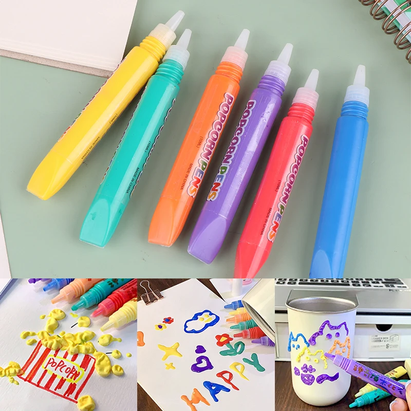 6Pcs 3D Printing Bubble Pen DIY Ink Puffy Paint Pens Like Popcorn Pens Greeting Birthday Cards Handmade Kids Gifts