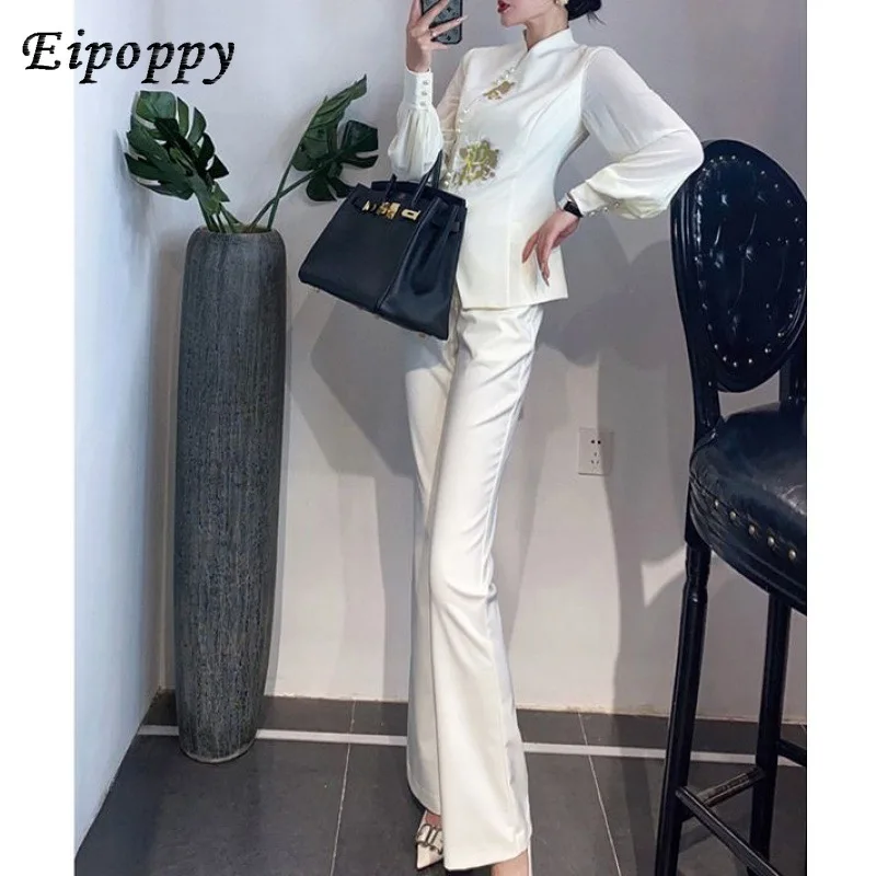 Chinese Style Printed Embroidery Suit Women's Bootcut Trousers Slimming Retro Two-Piece Set