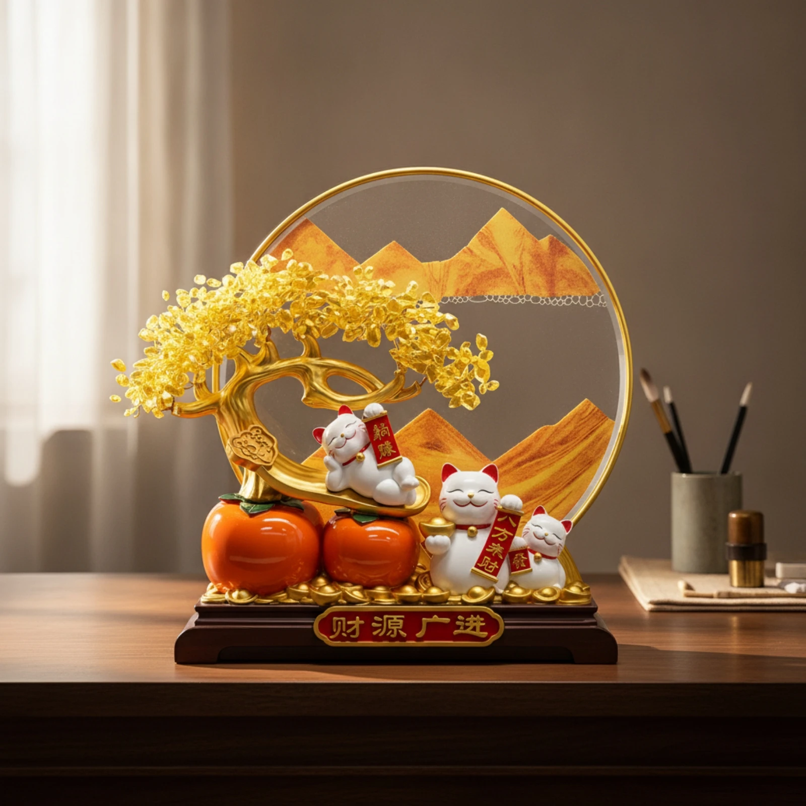 Auspicious Cat Ornament with Metal Frame Auspicious Sand Painting Ornament Cat Figurine Decorative Tabletop Decor Festive