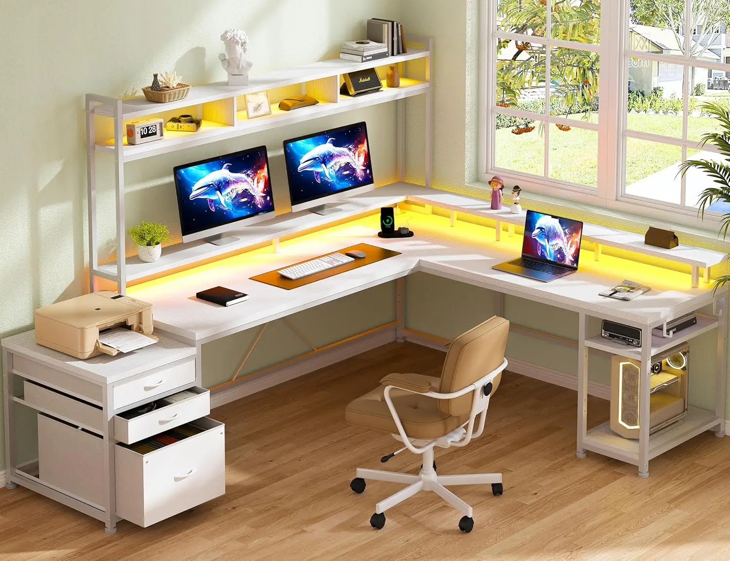 

EnHomee L Shaped Gaming Desk with Drawers 66" Reversible Home Office Desks with LED Light & Power Outlets White Computer