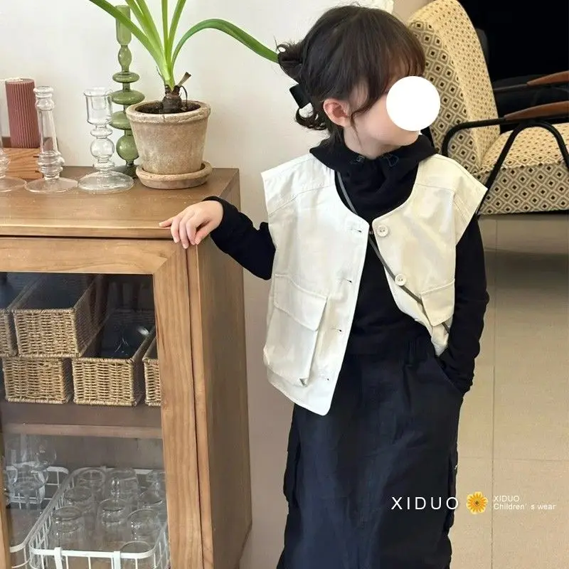 

2023 Spring and Autumn New Fashionable Casual Solid Color Childrens Vest Dress Korean Childrens Clothing Girls