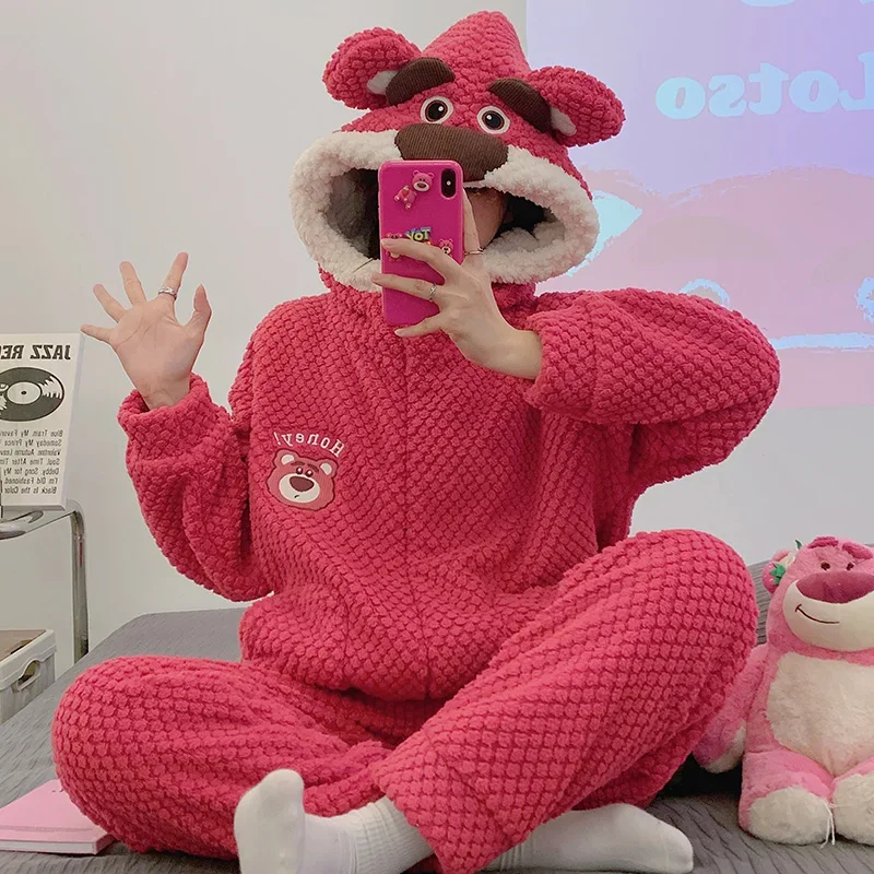 Strawberry Bear Winter Coral Fleece Hooded Pajamas Fleece Thickened Flannel Disney Stitch Women's Pajamas Homewear Warm Set