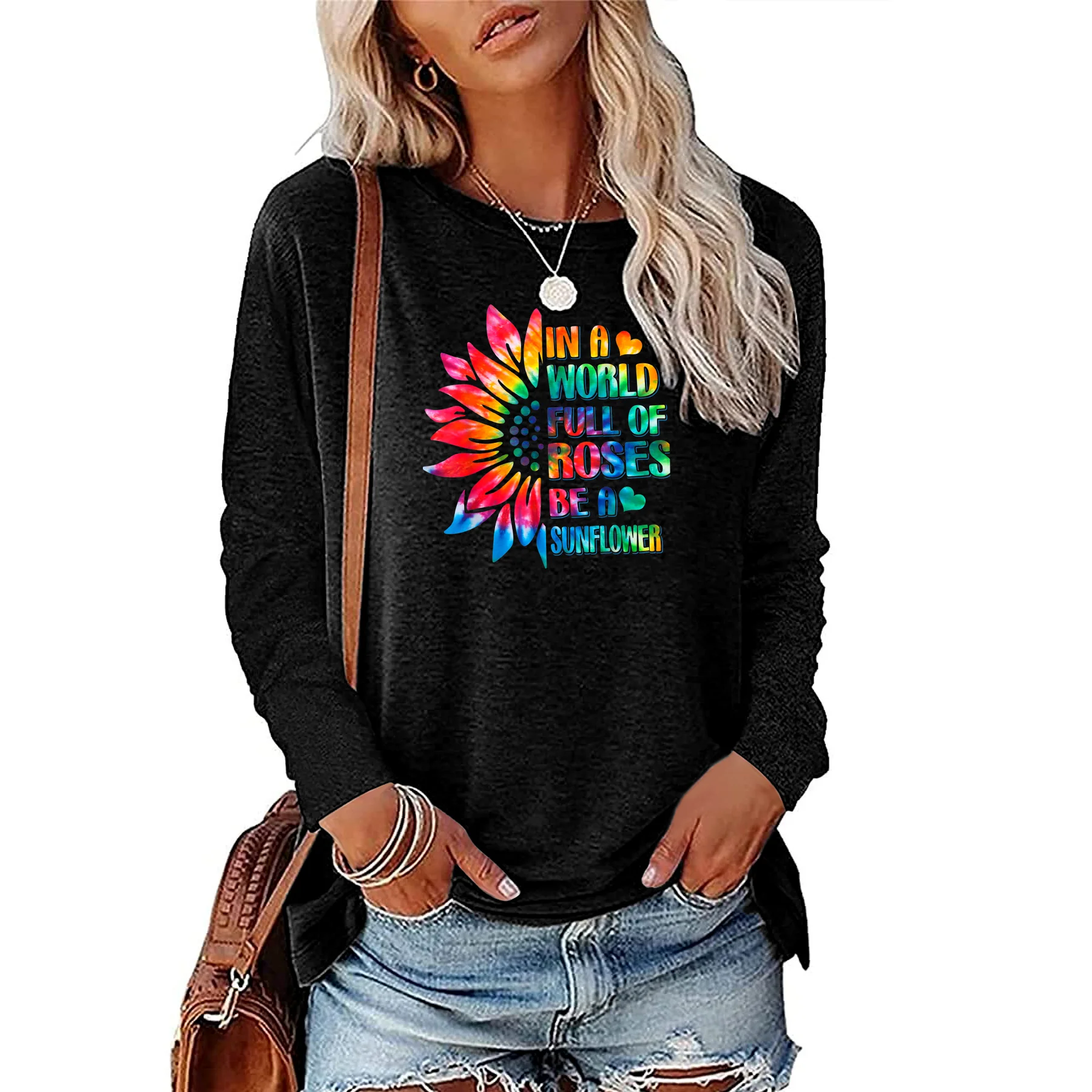 Interesting Retro Half Sunflower Letter Printed T-shirt Women\'s Gift Long Sleeve