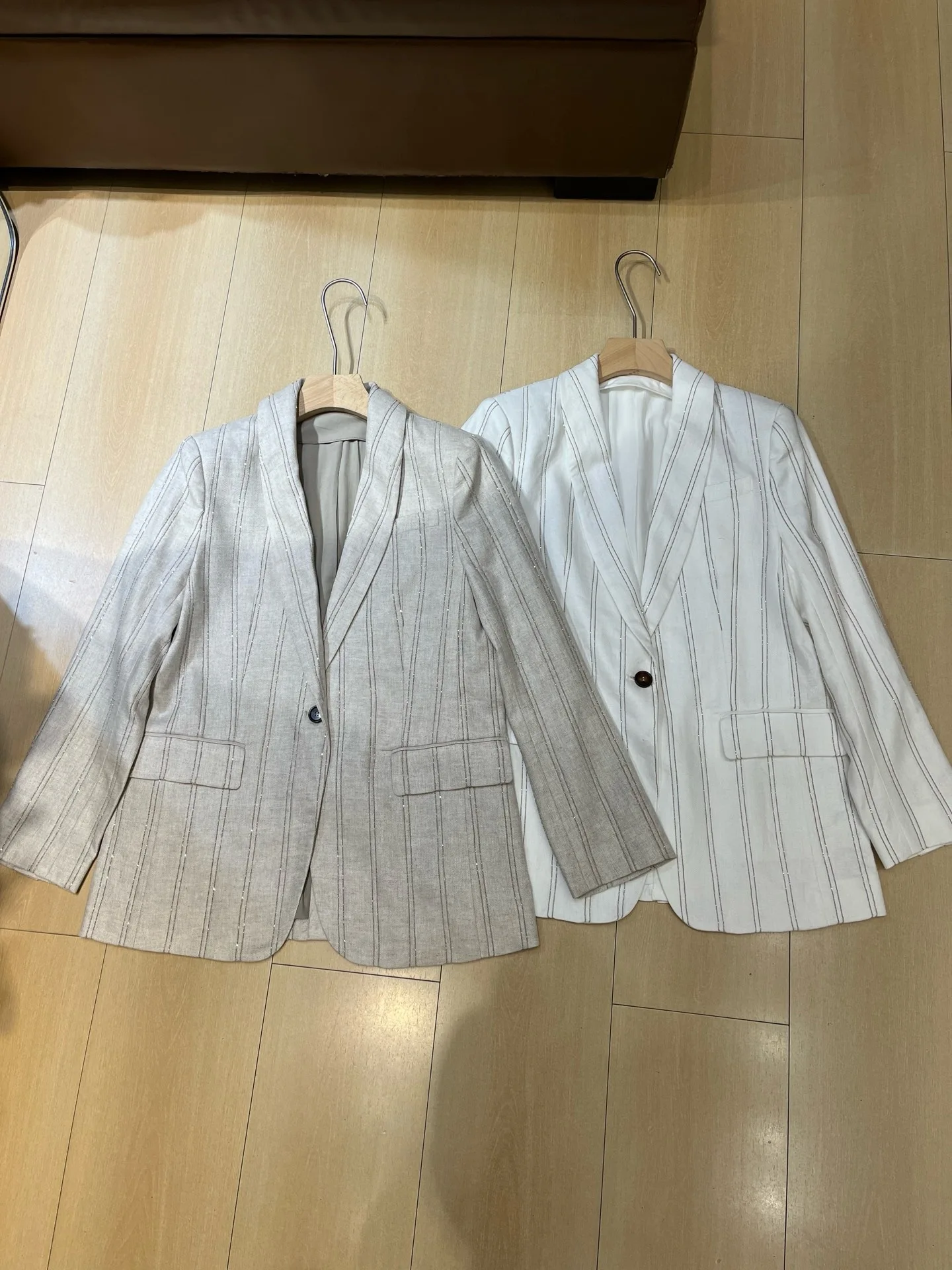Vertical Striped Linen Blazer Women Sparkle Sequin Notched Lapel Single Button Office Suit Coat