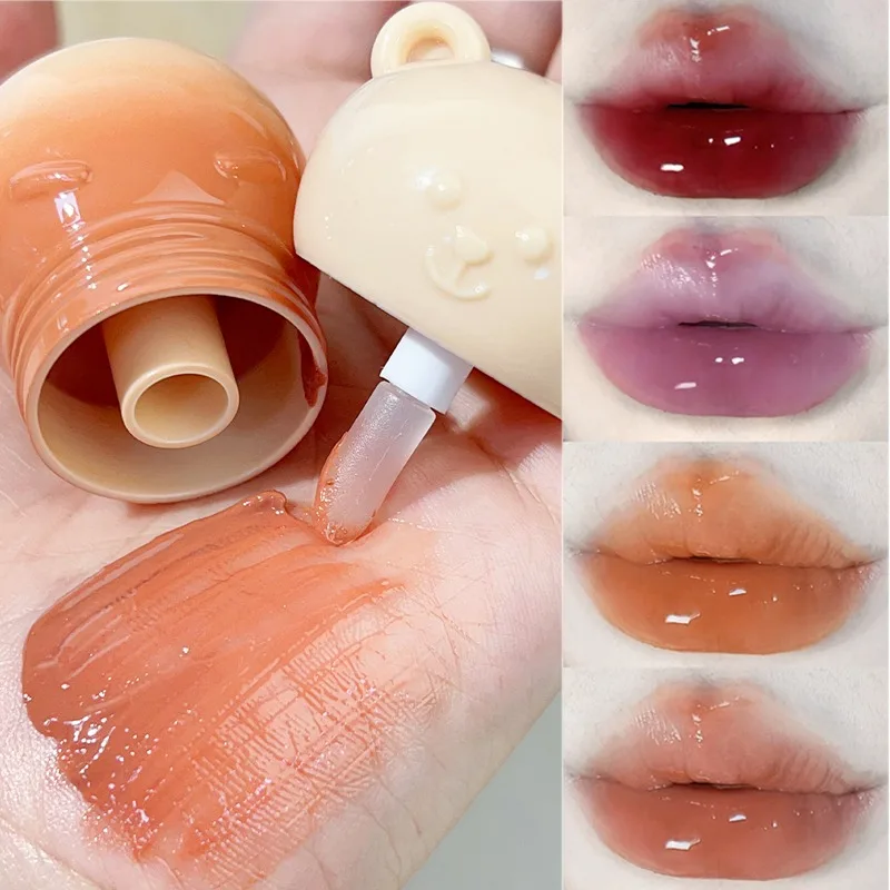 Cute Bear Jelly Nude Lip Gloss Waterproof Lasting Mirror Crystal Lip Glaze Water Light Liquid Lipstick Lips Makeup Cosmetics