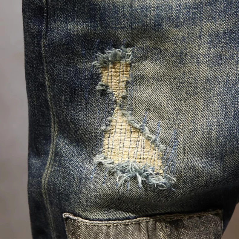 Street Designer Fashion Men Jeans Retro Washed Blue Stretch Slim Fit Ripped Jeans Men Patched Hip Hop Vintage Denim Pants Hombre