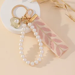 1Pc Faux Pearl Beaded Wristlet Phone Lanyard, Cute Leaf Keychain Purse Bag Charm Earbud Case Accessories Women Daily Use Gifts