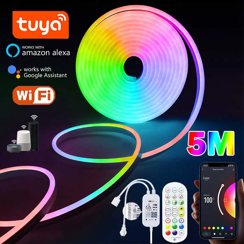 RGB LED Neon Light Strip, Wi-Fi, aplicativo Tuya, vida inteligente, TV, casa, iluminação de decoração, DC 5V, 1m, 2m, 3m, 4m, 5m