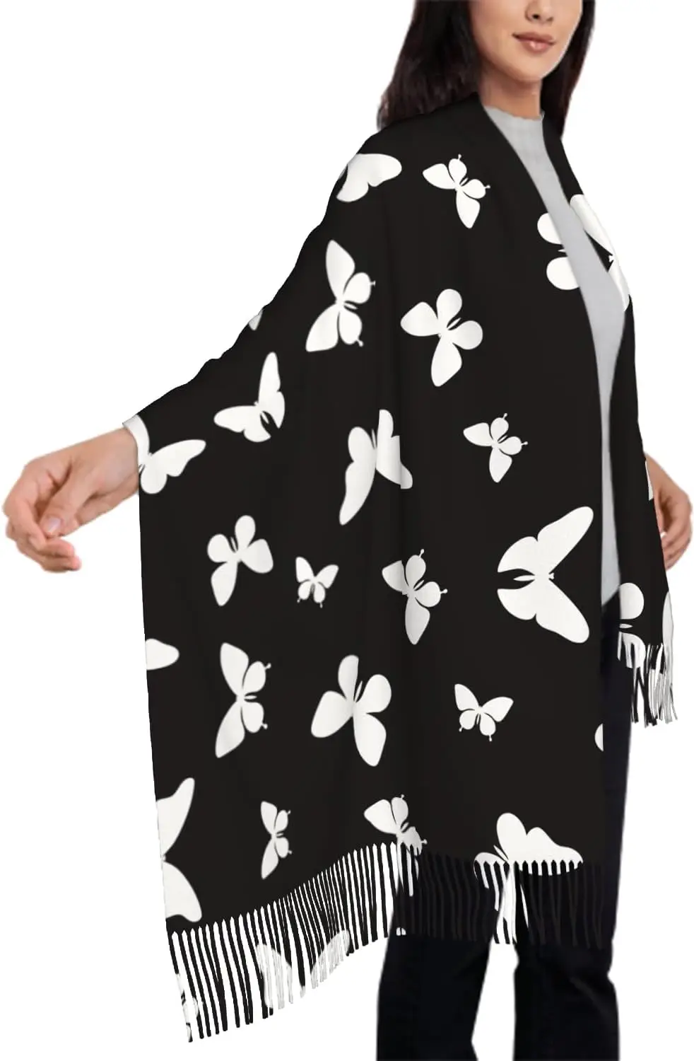 여성용 스카프 화이트 데이지 플로럴 수채화 꽃 그레이 스카프 태슬 스카프 가을 겨울 숄 랩 선물 일상 여행 사무실용